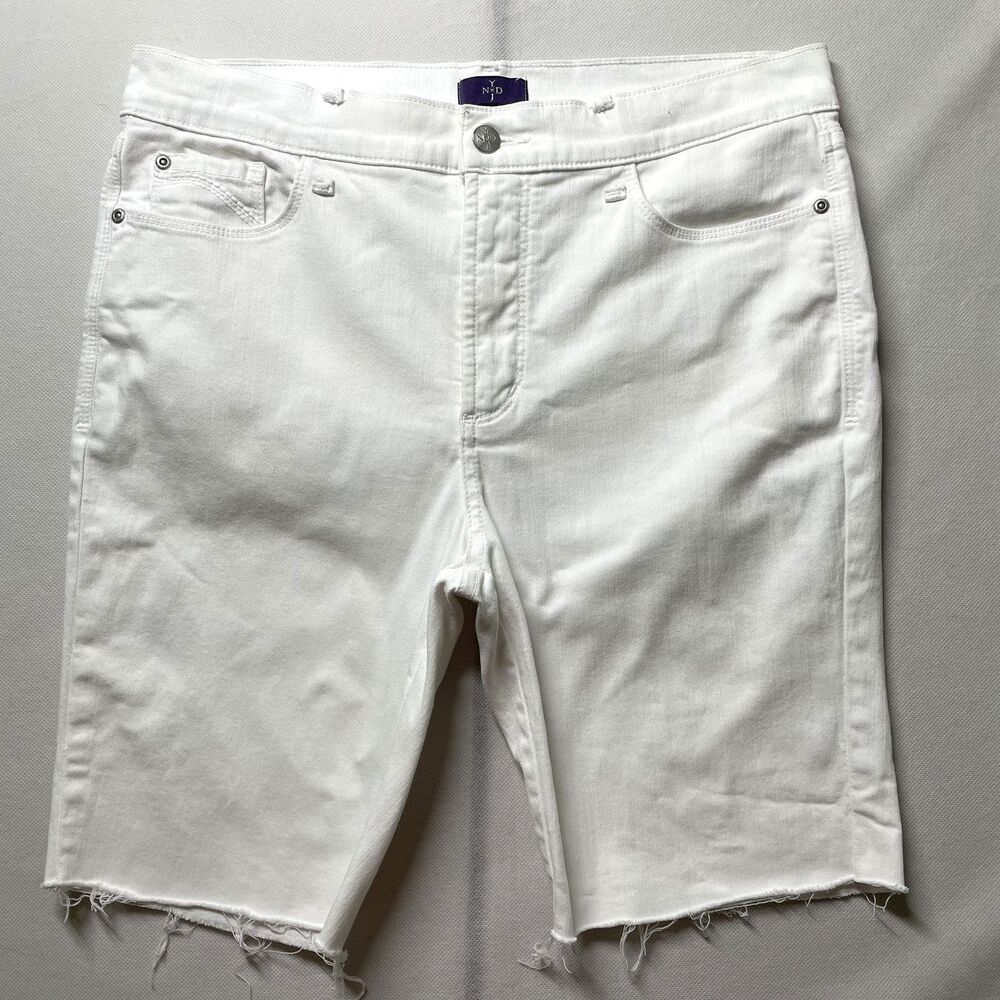 NYDJ Womens White Denim Bermuda Shorts Raw Hem High Rise Size 14P